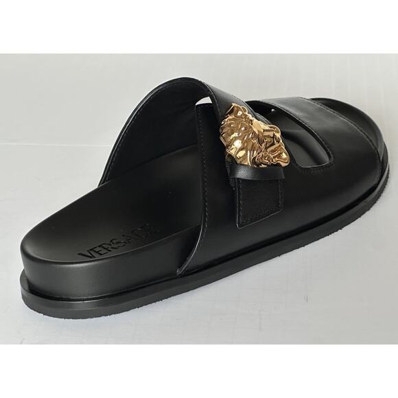 Versace Medusa Black Leather Slides Sandals 10 US (43 Euro) 1020767 NIB